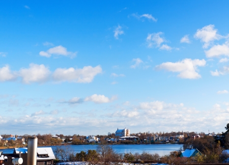 Trakai, Lithuania: view of the town and Lake Galveの写真素材
