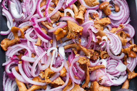 forest chanterelle mushrooms fried with onion ringsの写真素材