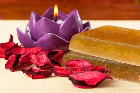 handmade soaps, candles and petals for taking bathの写真素材