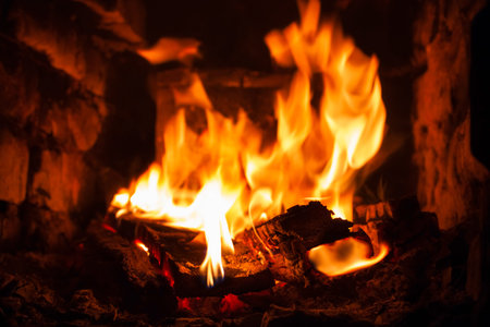 burning fire in the fireplace, flames and burning coals
