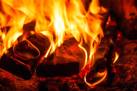 burning boards in the fireplace, open flame of fire