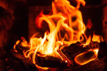 hot fire in the fireplace, in the foreground burned firewoodの写真素材