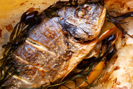 Baked dorado fish with lemon with sea salt close-up