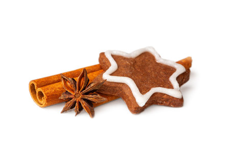Chocolate flavor cookies with cinnamon and anise, sweet homemade dessert on white background