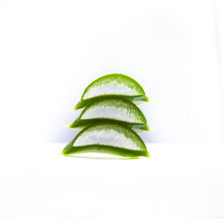 Green aloe vera leaf slices, prepared for use in cosmetology and medicineの写真素材