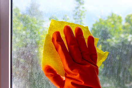 An office and apartment cleaning worker washes a very dirty window from dust and dirt. Close-up of a...