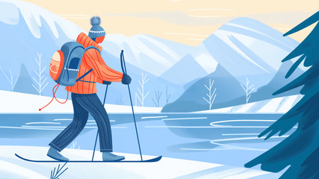 A skier with a backpack and poles moves along the snow-covered shore of the lake, enjoying the view of the majestic mountains and coniferous forestの素材