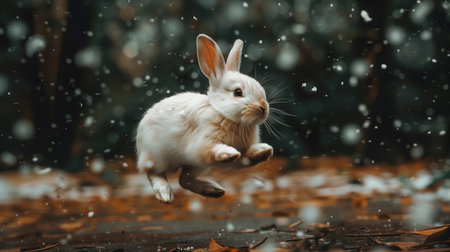 A white rabbit jumps merrily among falling snowflakes against the background of the forest.の素材