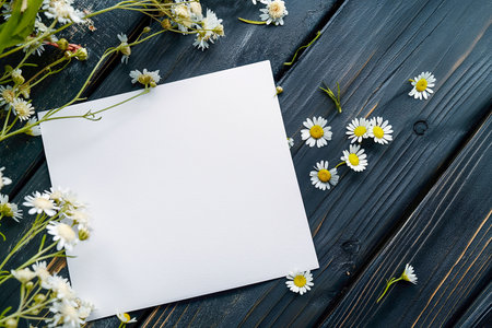 A white postcard is placed next to daisies and white flowers on a wooden background.の素材