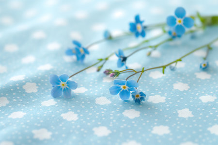 Blue forget-me-not flowers with buds and green leaves are elegantly arranged on a light background with white dots, emphasizing sophistication and beauty.の素材
