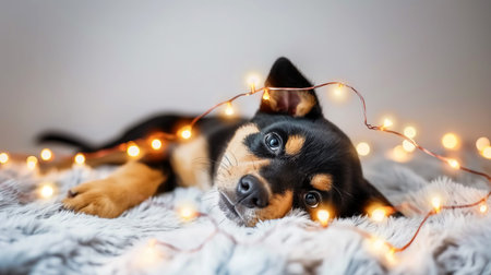 The puppy is depicted lying among softly glowing lights, creating a gentle atmosphere of warmth and celebrationの素材