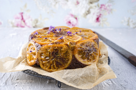 Orange pie on tableの写真素材