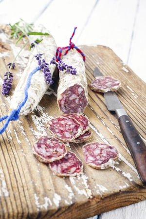 Salami on Cutting Boardの写真素材