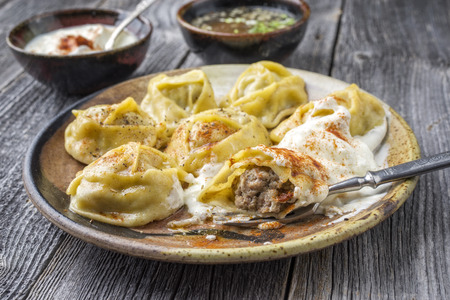 Traditional Turkish Manti with Yogurt and Vinegarの写真素材