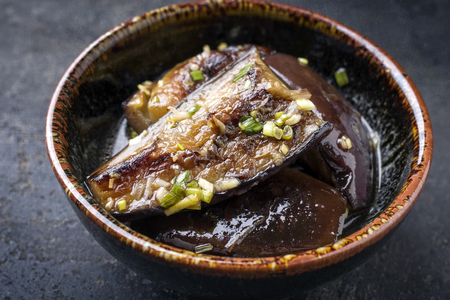 Japanese pickled eggplant as close-up in a bowlの写真素材
