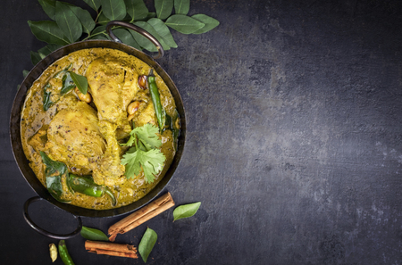 Traditional Indian curry chicken as close-up in a Korai with copy space rightの写真素材