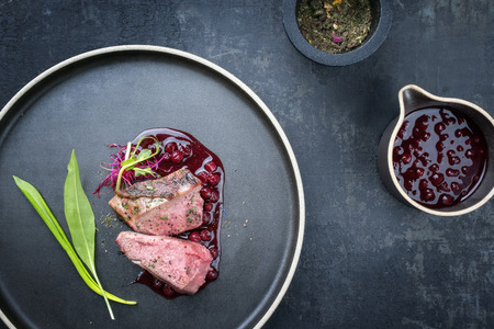 Traditional barbecue dry aged sliced venison fillet steak with wild garlic and cowberry sauce as top view on a plate with copy spaceの写真素材