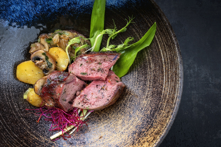 Traditional barbecue dry aged sliced venison fillet steak with potato mushroom terrine and wild garlic as top view on a plate with copy spaceの写真素材