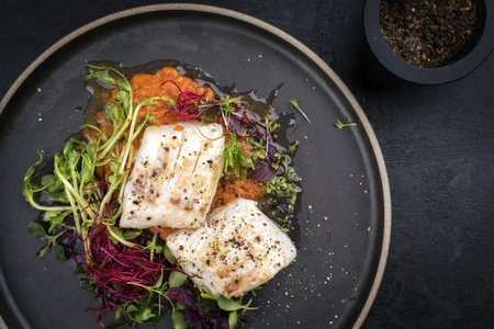 steamed cod fish filet with lettuce as top view on a plate with copy spaceの写真素材
