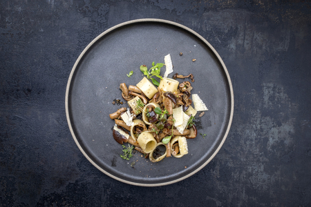 Traditional Italien calamarata noodles with mushroom and parmesan as top view on a plate with copy spaceの写真素材