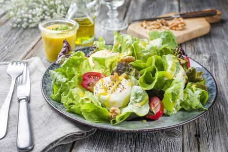 Traditional Germen summer lettuce with curled lettuce, goat cheese and mango dressing as closeup on a plate on a well laid tableの写真素材