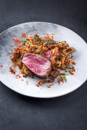 Barbecue dry aged beef fillet medallion steak natural with fried onion rings and carrots as closeup on a modern design plate with copy space の写真素材