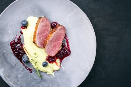 Traditional gourmet duck breast filet with mashed potatoes and cranberry sauce as top view on a modern design plate with copy space rightの写真素材
