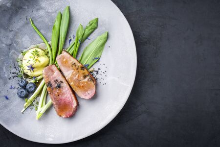 Traditional gourmet duck breast filet with mashed potatoes and ramson leaves in orange sauce as top view on a modern design plate with copy space rightの写真素材