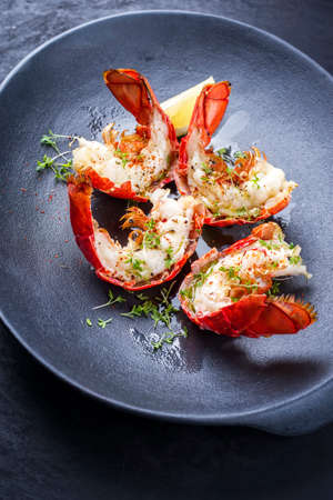 Traditional barbecue spiny lobster tail sliced and offered with lemon slice and herbs as closeup on a modern design plateの写真素材