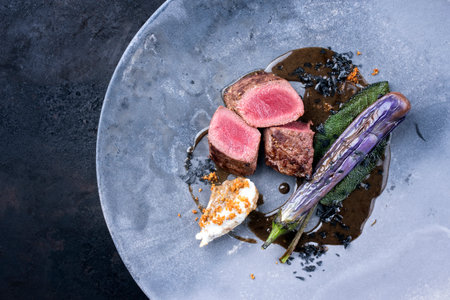 Modern style traditional wild hare back filet braised with baby eggplant and quenelles in game jus served as close-up on a design plate with copy space leftの写真素材