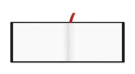 Small horizontal notebook mockup. Vector illustration. White spread template. Notepad with red bookmark. Graphic image for education, business, market, promotional and advertising materials.のイラスト素材