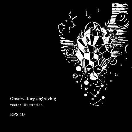 Observatory engraving vector illustration. Hand made print composition. Fantasy philosophy concept with text and tagline. Morphing geometry. Wathing constellation. Galaxy viewer. Design square coverのイラスト素材