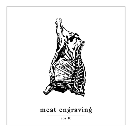 Cow carcass engraving vector illustration. Meat cow etching. Hand made art print. Black and white graphic beef with text. Gastronomic design template isolated. Linocut for restaurant identity style.のイラスト素材