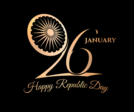 India republic day 26 January design concept. Vector Illustration. National celebrating print. Indian wheel symbol and gold text poster.のイラスト素材