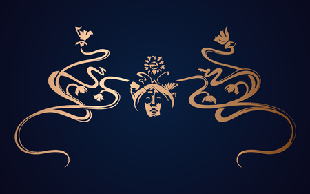 Art nouveau gold ornament template with flowers and face. Vector illustration. Graceful figure vintage drawing white on dark backdrop for modern gift card, certificate, rewarding print material.のイラスト素材
