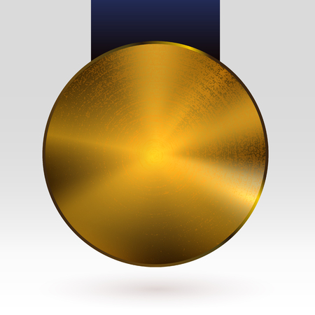 Gold medal template with dark ribbon. Vector illustration with realistic light and shadow. Metal round texture. Textured circle plate. Blank metallic mockup. Golden award trophy object.のイラスト素材