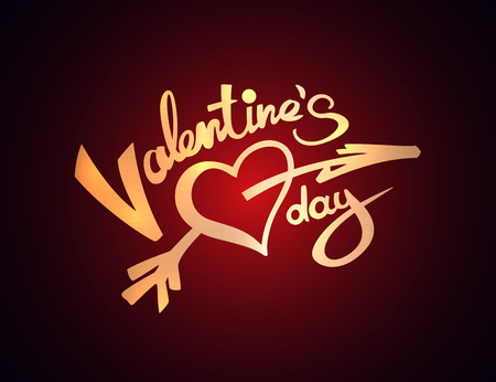 Valentines Day lettering golden texture on dark red background vector illustration. Letters hand drawn composition for gift, postcard, print, banner, web. Greeting romantic design. Love symbol taglineのイラスト素材