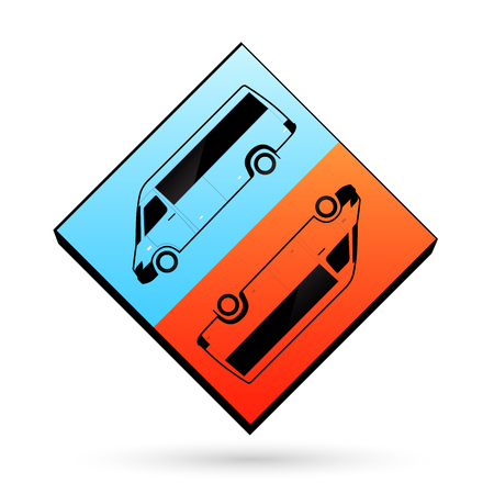 Abstract blue and orange color icon template. Vector illustration. Cube object with colorful surface bus print isolated on white background. Geometry tool for print, web, mobile transport applicationのイラスト素材