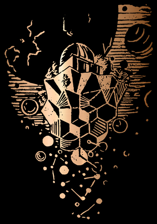 Observatory engraving gold texture vector illustration. Handmade print textured. Fantasy philosophy concept. Morphing golden geometry. Wathing constellation. Galaxy viewer.のイラスト素材