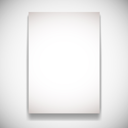 Realistic paper card on white wall with shadow. Vector illustration. Office or education vertical board for print, poster, banner. Show bill mockup. Advertising visualization template.