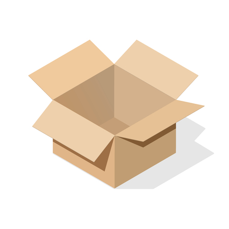 A miniature 3D box in an open version of light brown cardboard. Object on a white background with a flat shadow for icons, ads, banners, filling sites. Isometric style.のイラスト素材