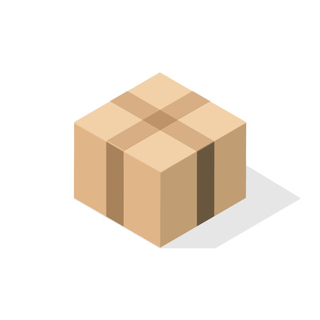 Miniature 3D box in the version with a closed lid of light brown cardboard taped. Object on a white background with a flat shadow for icons, ads, banners, filling sites. Isometric style.のイラスト素材