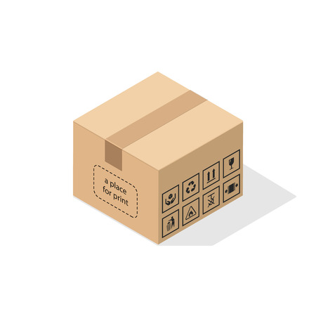 Cardboard box 3d in isometric style with flat shadow. Plus a set of basic informational signs and packaging and product requirements.のイラスト素材