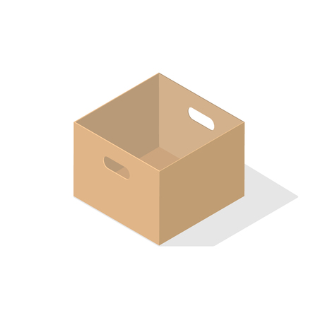 A miniature 3D empty box with an open lid and a cutout under the arm. Object on a white background with a flat shadow for icons, ads, banners, filling sites. Isometric style.のイラスト素材