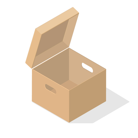 A miniature 3D box in the open version with a cut-out handle. Object on a white background with a flat shadow for icons, ads, banners, filling sites. Isometric style.のイラスト素材