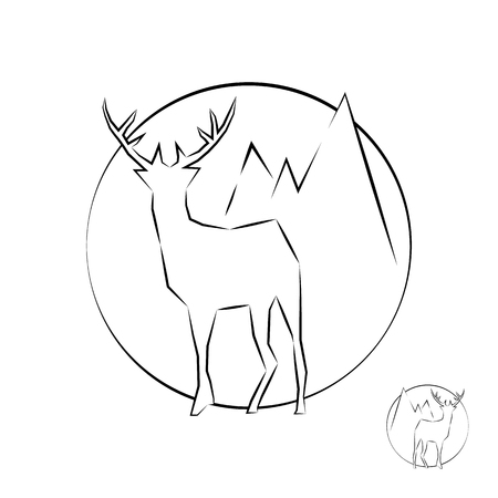 vector sketch of a stylish contour icon with a deer on a background of mountains, for interior, design, business cards, advertisingのイラスト素材