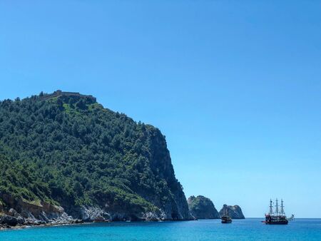 View of the fortress and the ships on the Mediterranean Sea.の写真素材