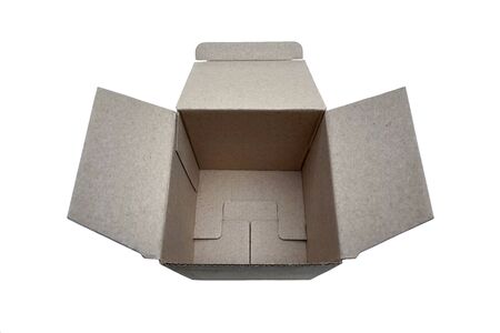 Square open cardboard box isolated on white background for promotion or text.の写真素材