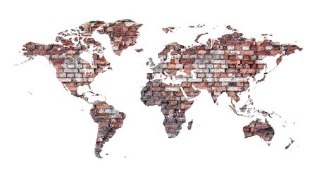 World map of old cracked bricks in a loft style on a white background.の写真素材