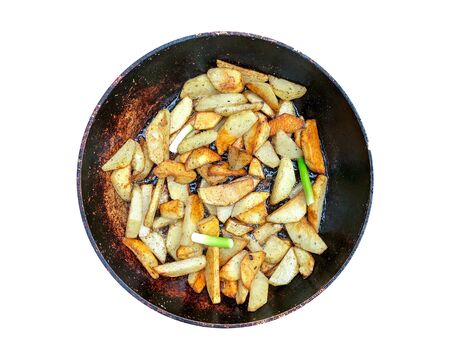 Cooking fried potatoes in a pan. Products on a white background.の写真素材